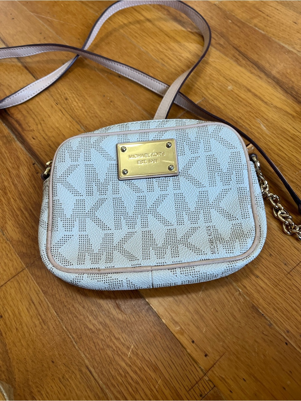 Michael Kors Cream Logo Crossbody Bag with Gold Plate